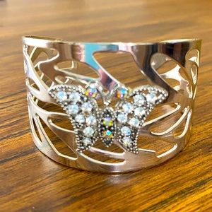 Vintage Butterfly Aurora Borealis Rhinestone Cuff Bracelet Silver Tone